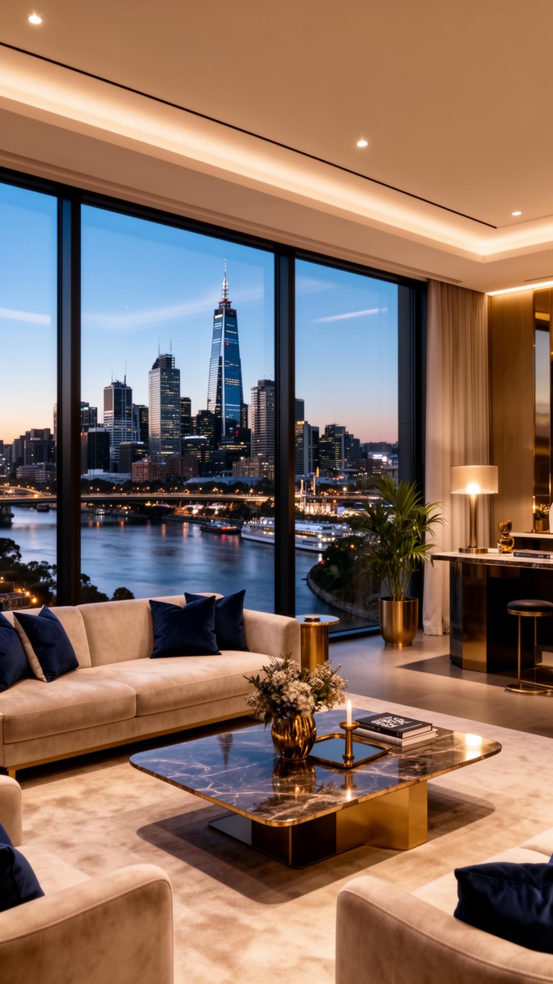 Light-filled luxury residence with floor-to-ceiling windows overlooking the city at sunset
